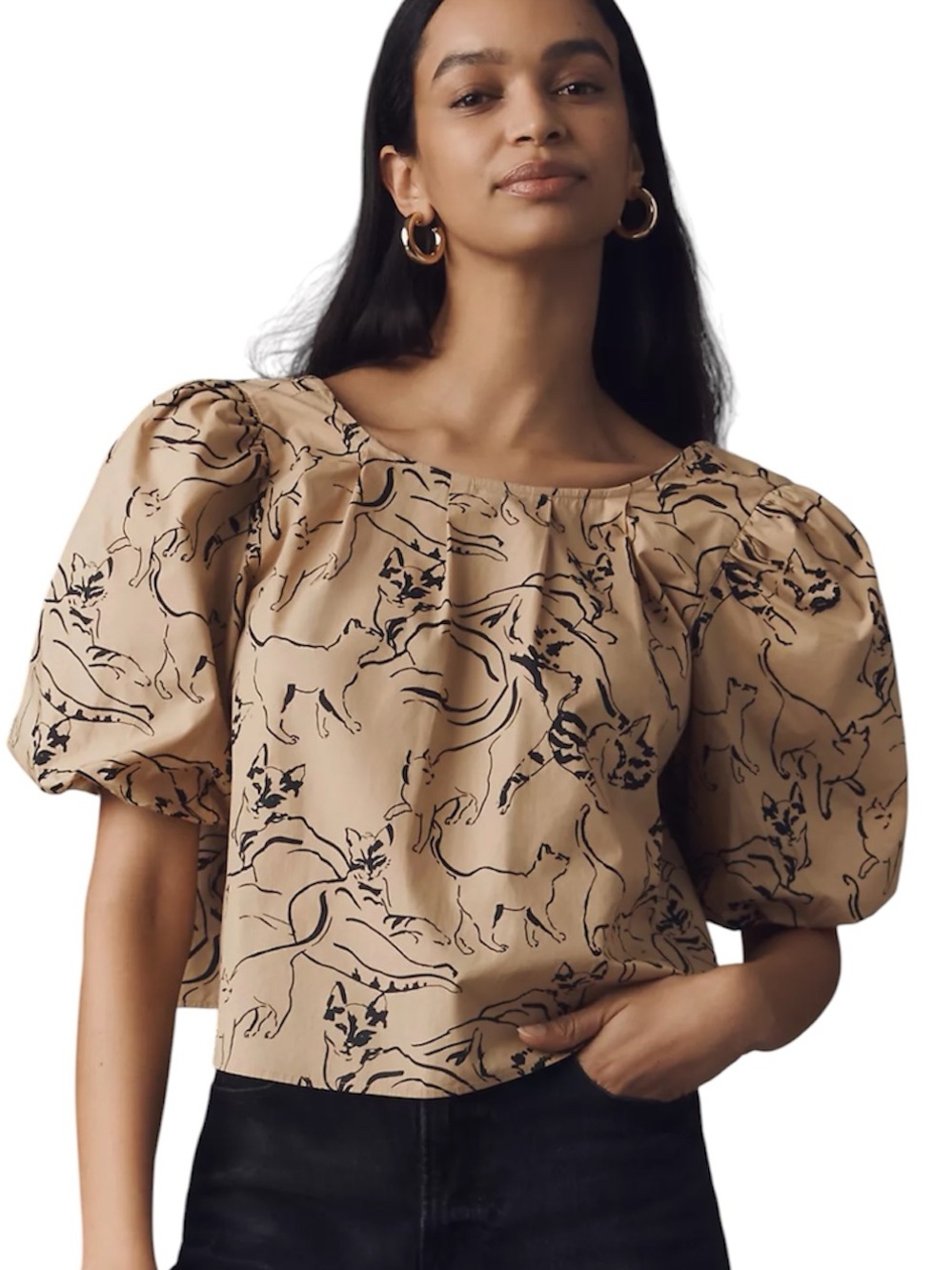NWT Maeve Anthropologie Pull Sleeve Swing Blouse Cat Print